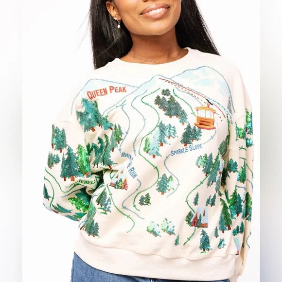 QUEEN OF SPARKLES Beige SPARKLE SLOPE Scenery Sweatshirt NWT L - Picture 5 of 5